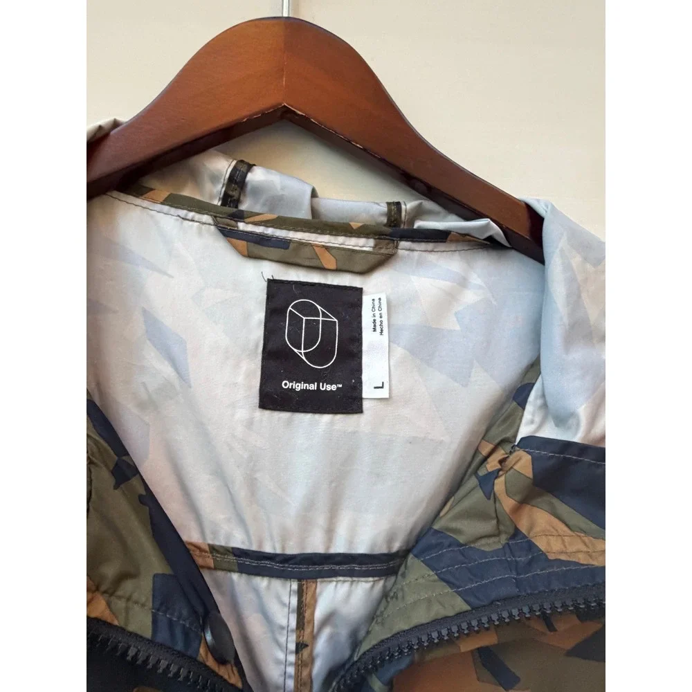 Original Use Mens Geometric Camo Hooded Parka Windbreaker Jacket Brown Green L - Picture 2 of 3